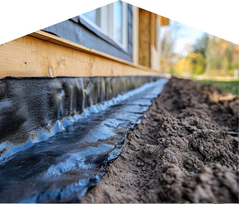 Exterior waterproofing completed by Limcan, with a membrane sealing the lower foundation wall and a trench prepared for drainage installation. Exterior waterproofing completed by Limcan, with a membrane sealing the lower foundation wall and a trench prepared for drainage installation.