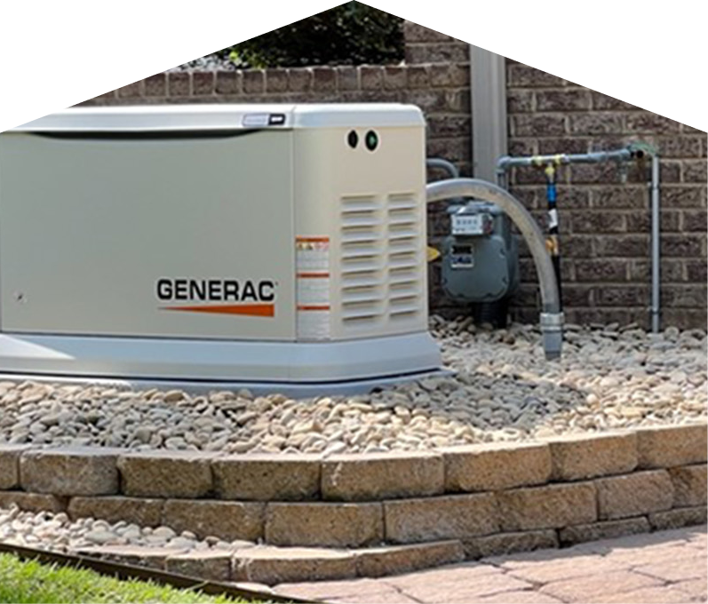 Generac standby generator installed by Limcan on a raised stone platform beside a brick wall, connected to a natural gas meter for backup power supply. Generac standby generator installed by Limcan on a raised stone platform beside a brick wall, connected to a natural gas meter for backup power supply.
