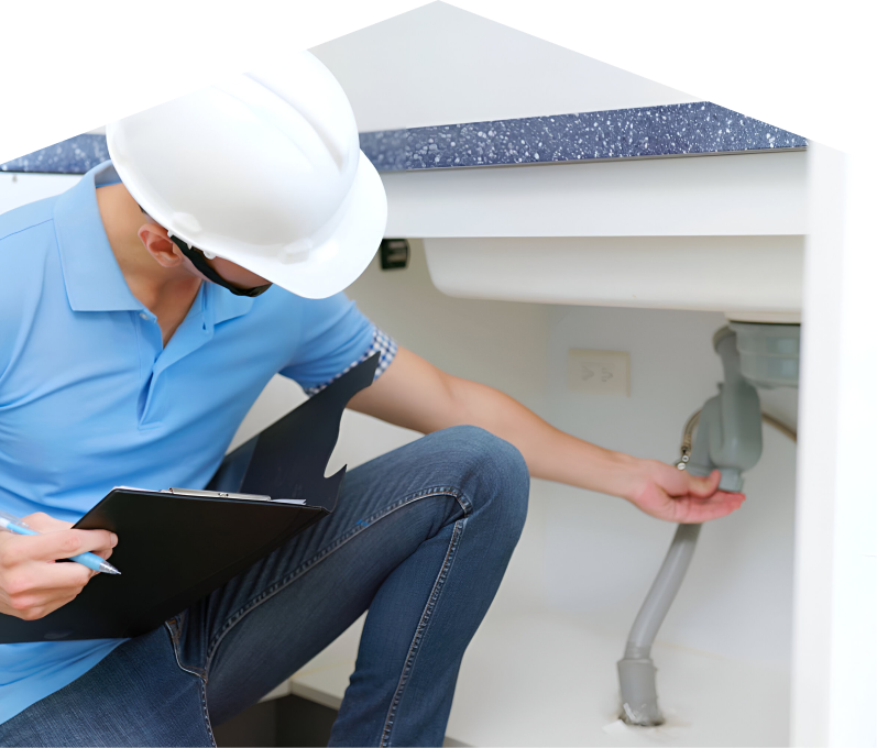 Limcan plumbing specialist wearing a white hard hat, blue polo, and jeans, holding a clipboard while inspecting pipes under a sink for a water leak detection check. Limcan plumbing specialist wearing a white hard hat, blue polo, and jeans, holding a clipboard while inspecting pipes under a sink for a water leak detection check.